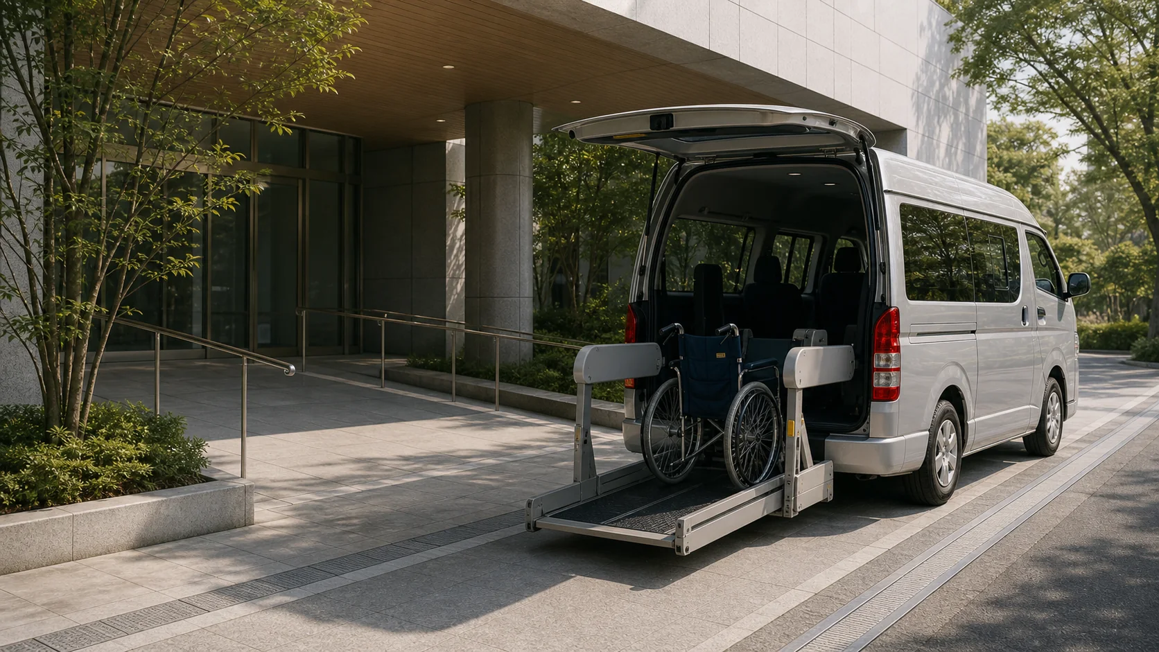 病院入口に停車した車椅子リフト付き介護タクシー