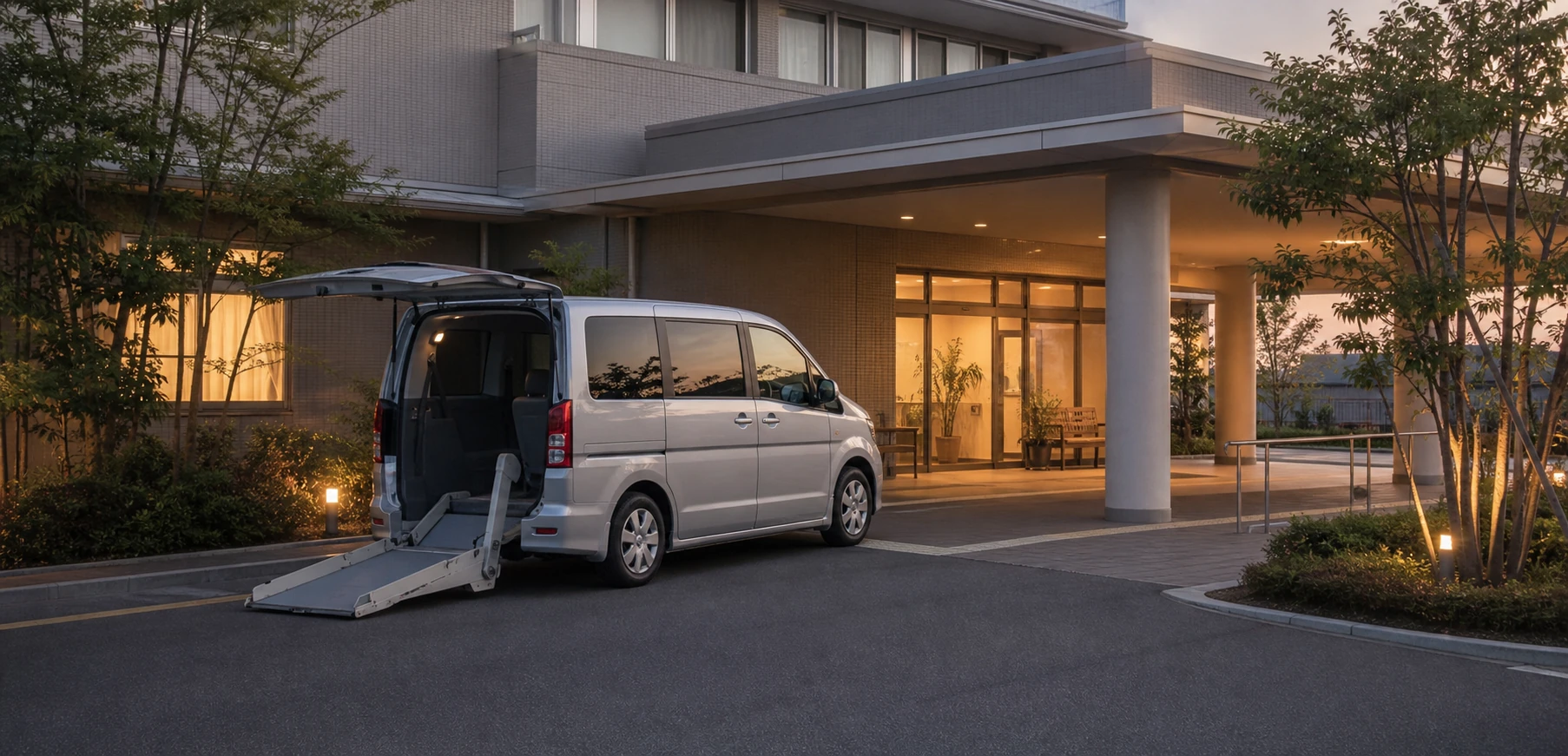 夕方、あかりのついた施設の玄関前に停まる送迎車