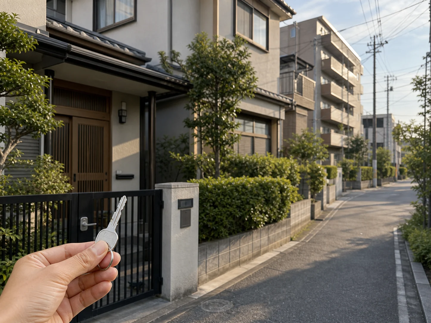 住宅街で鍵を持つ不動産売買の相談イメージ