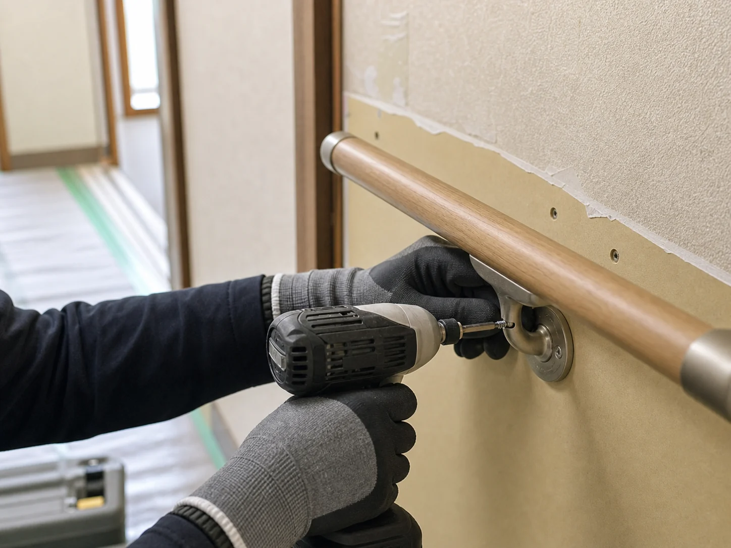 手すりを施工する建築リフォームの手元